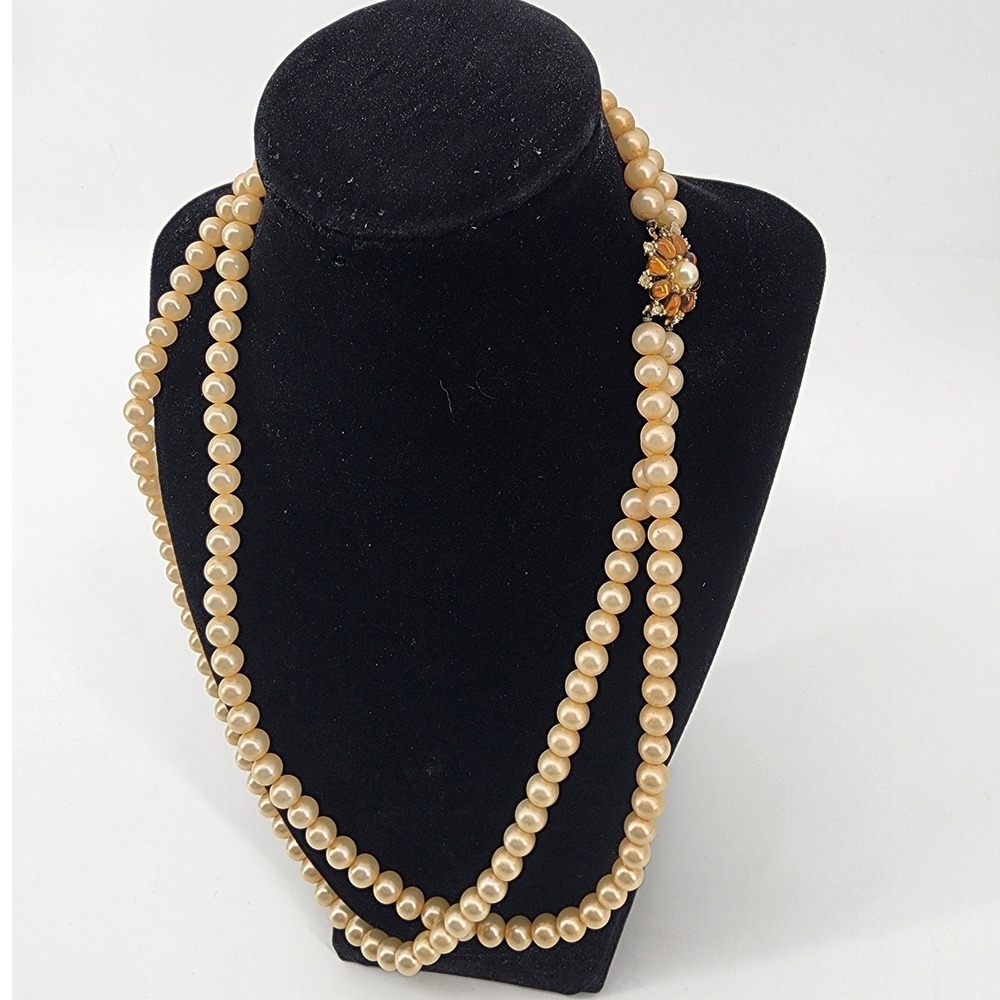 Vintage‎ Marvella Double Strand Faux Pearl Necklace Gold Tone Floral Clasp